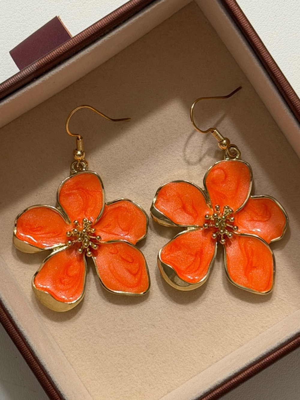 Golden Orange Flower Enamel Statement Dangle Drop Hook Closure Earrings